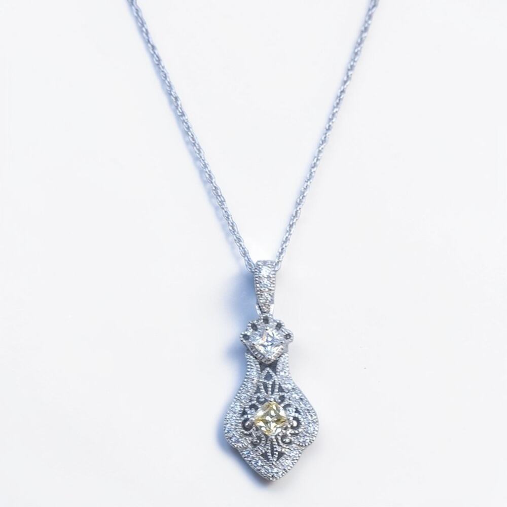 Edwardian Style Sterling Silver Green Cubic Zirconia Pendant Necklace 18"
